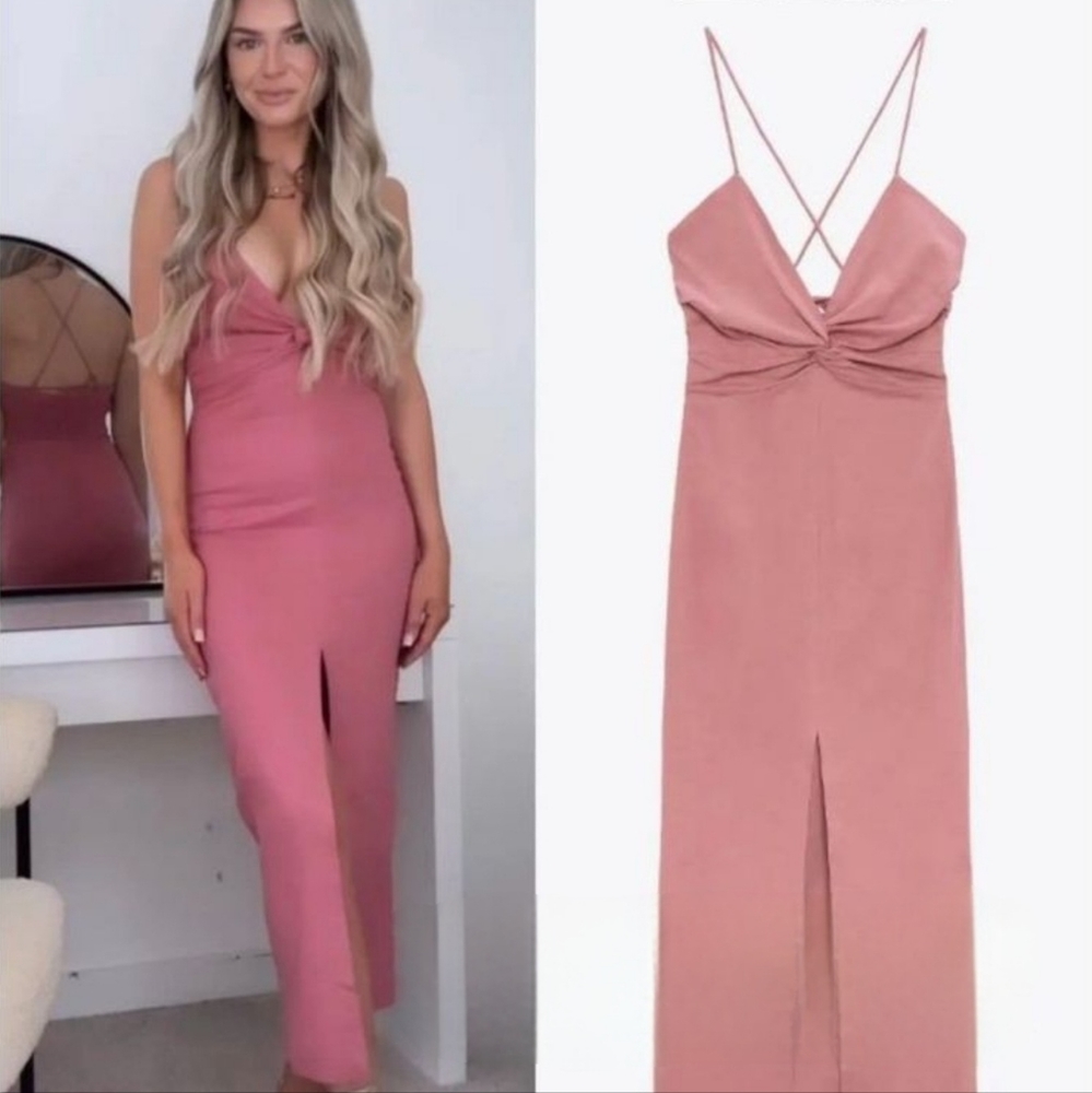 ZARA LINEN BLEND KNOTTED MIDI DRESS - Chalk pink